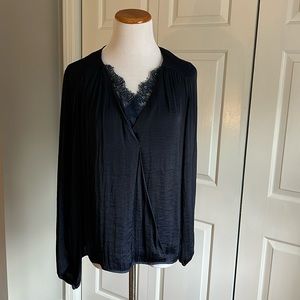 Silky Lace Neck Surplice Blouse